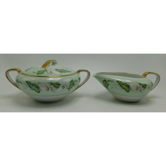 Noritake Adrienne Sugar Bowl & Creamer Set Adorned With Calla Lilies Mint Green - Picture 1 of 4